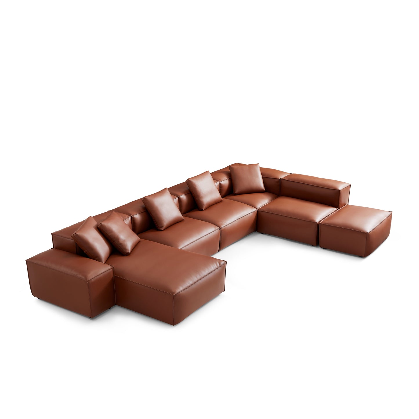 Cube Modular Brown Genuine Leather U Shaped Sectional-Brown