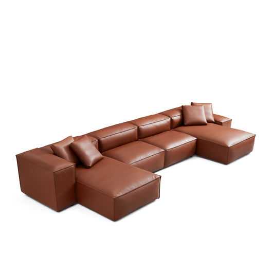 Cube Modular Brown Genuine Leather U Shaped Sectional-Brown