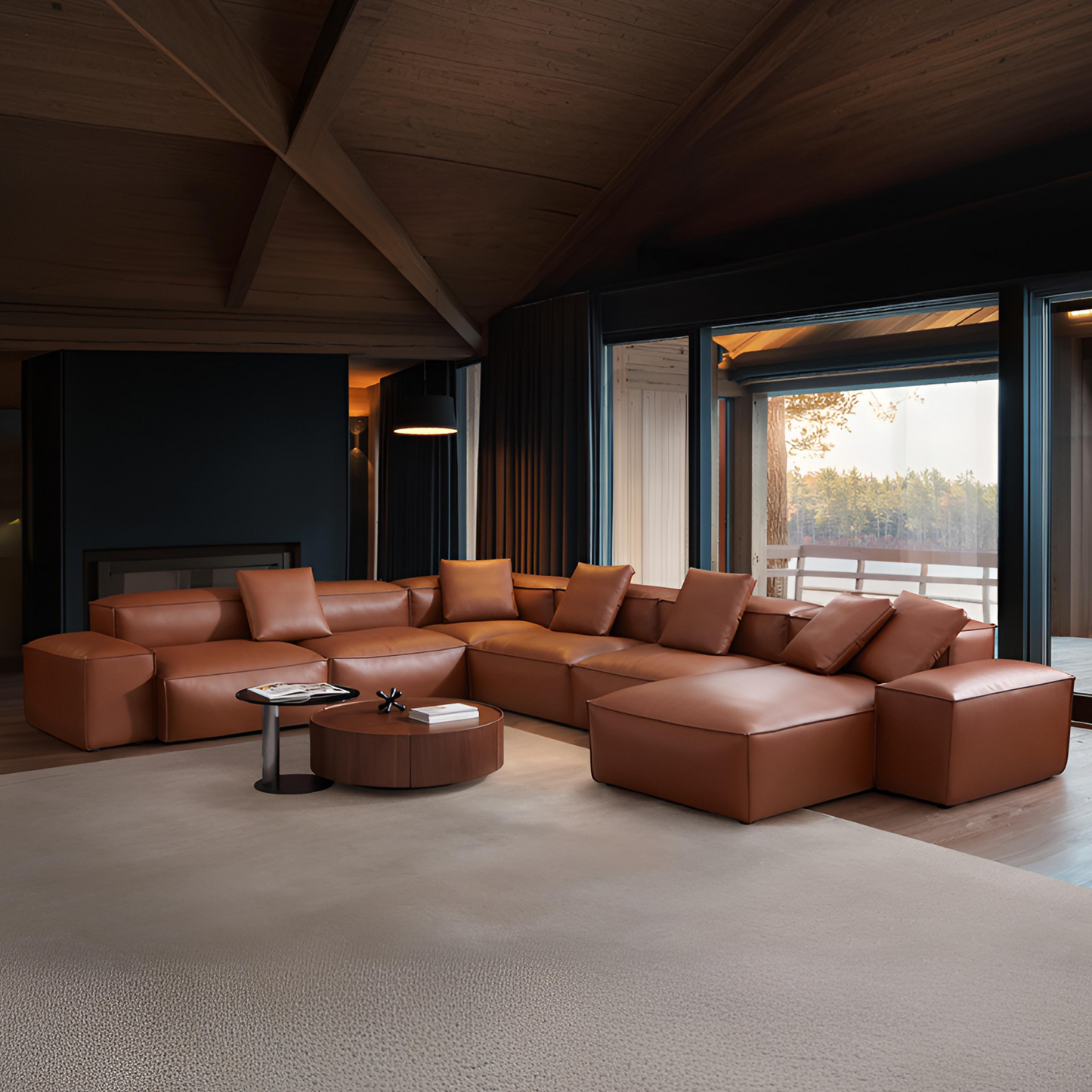 Cube Modular Brown Genuine Leather U Shaped Sectional-Brown