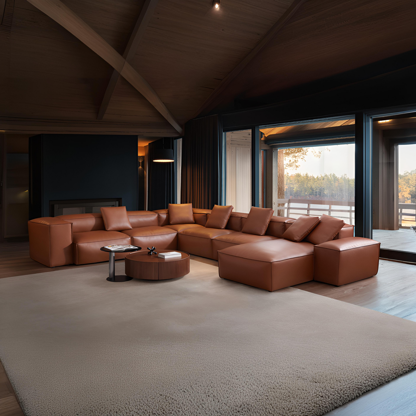 Cube Modular Brown Genuine Leather U Shaped Sectional-Brown
