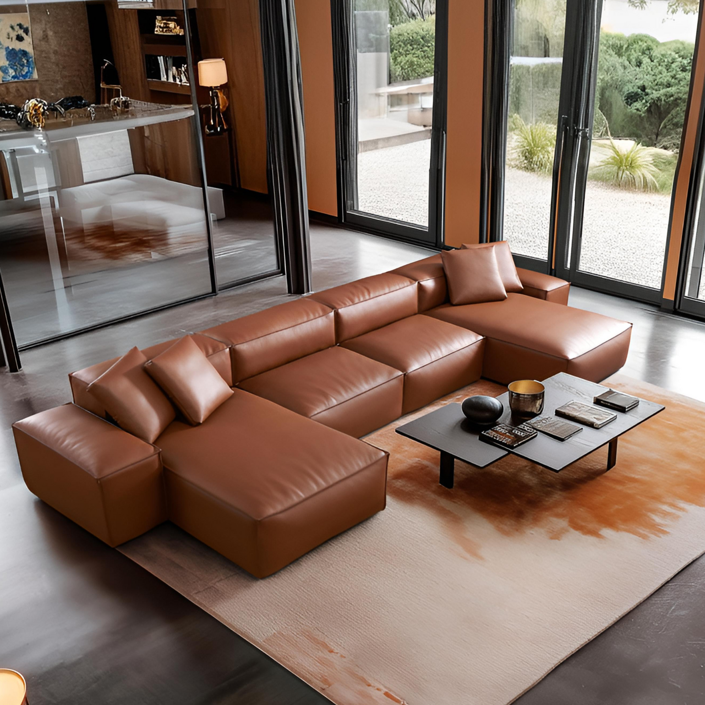 Cube Modular Brown Genuine Leather U Shaped Sectional-Brown