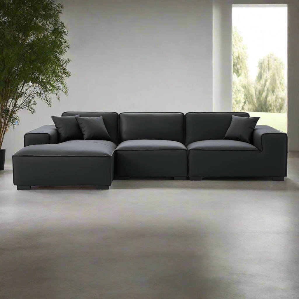 Domus Modular Black Leather Sectional Sofa-Black