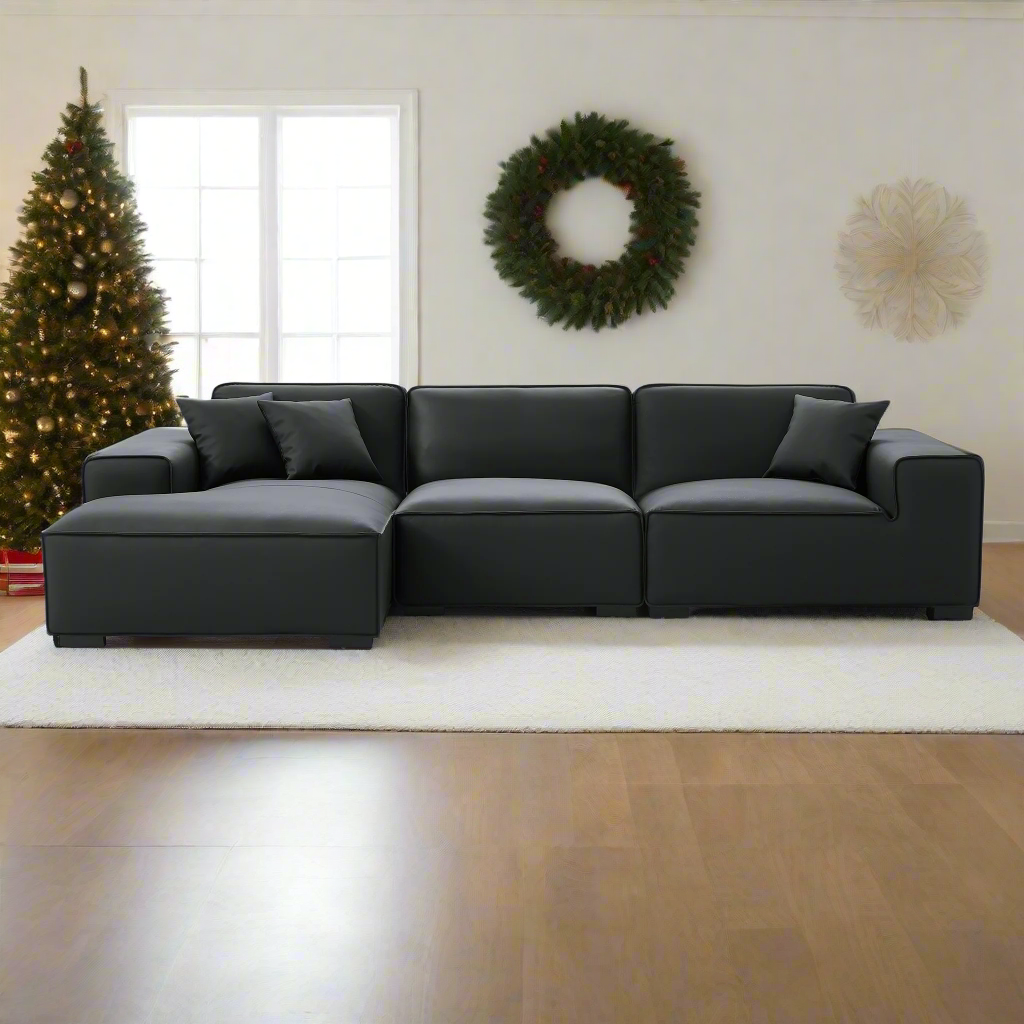Domus Modular Black Leather Sectional Sofa-Black