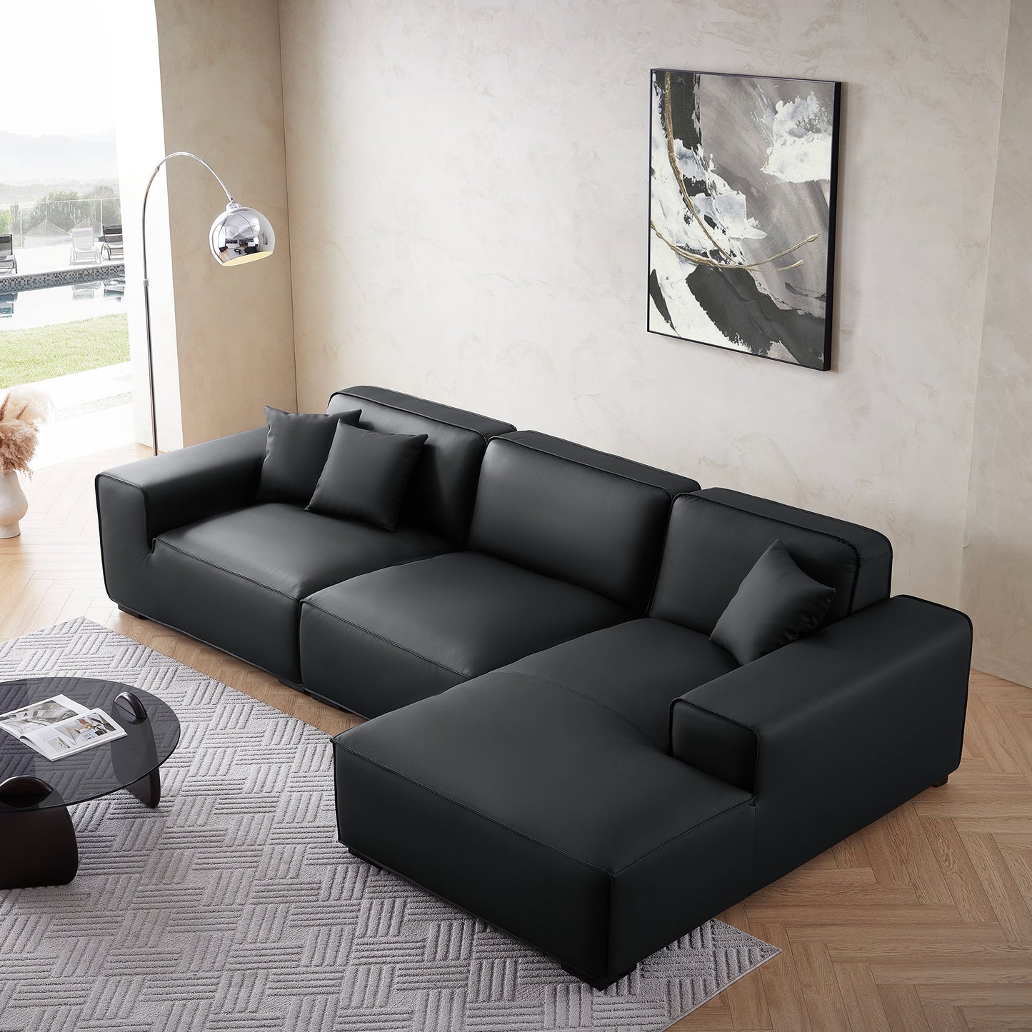 Domus Modular Beige Leather Sectional Sofa-Black