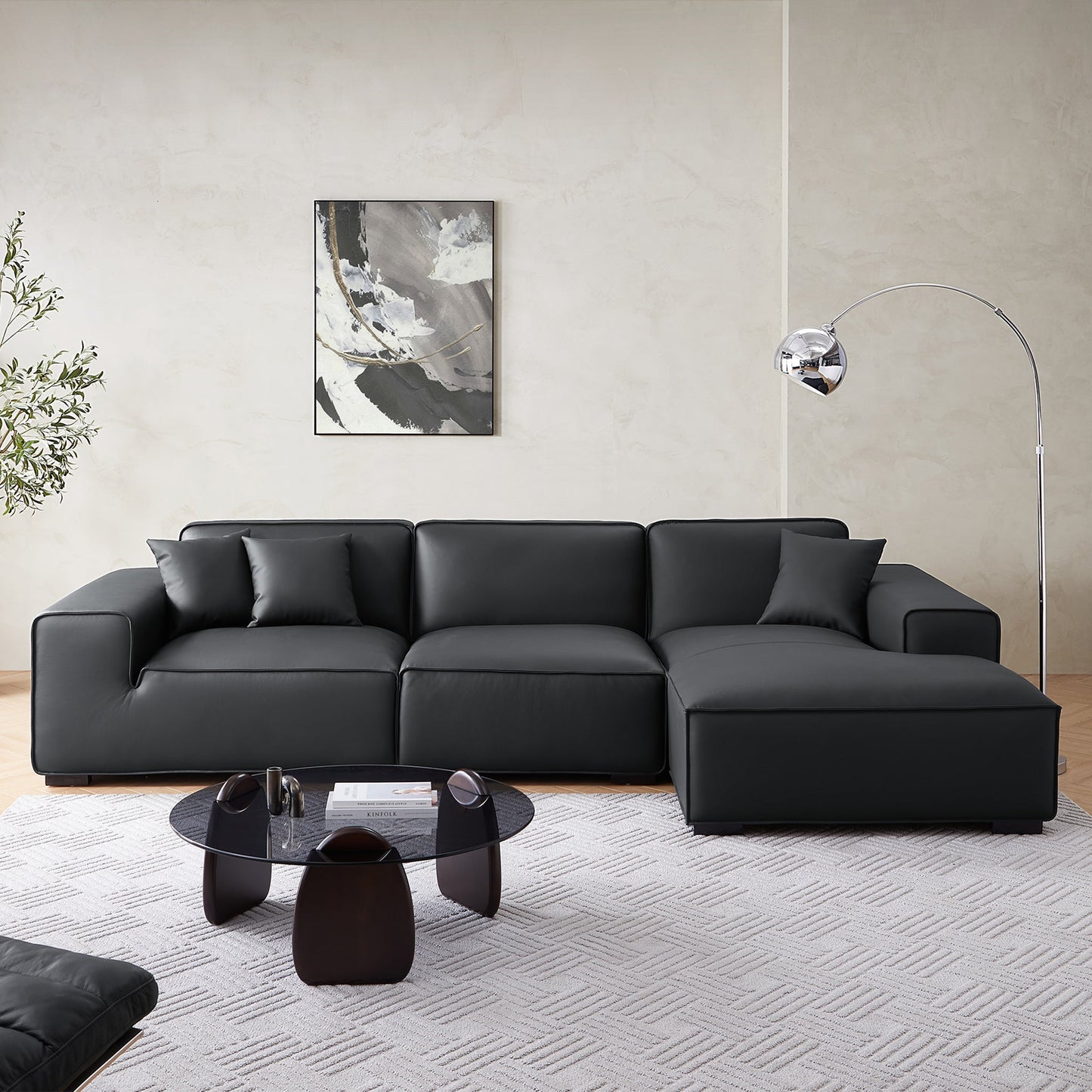 Domus Modular Black Leather Sectional Sofa-Black