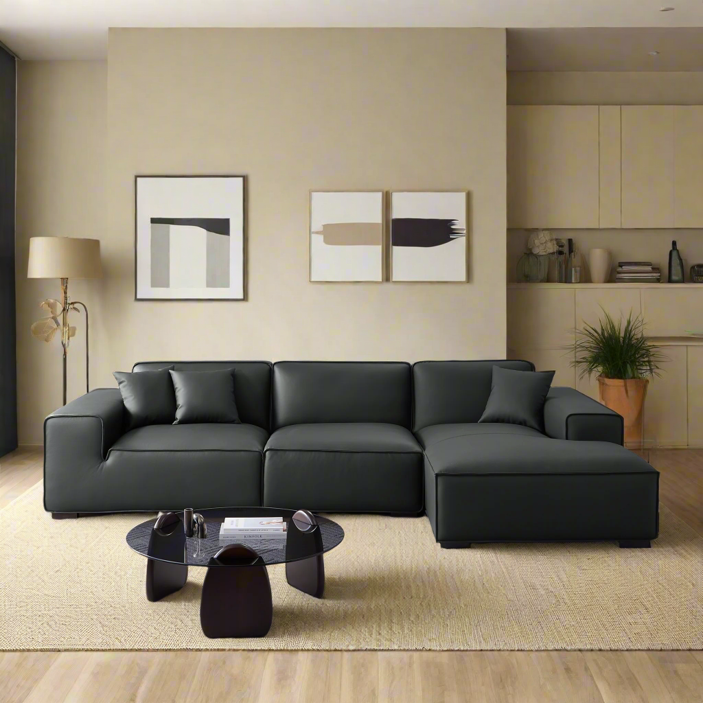 Domus Modular Black Leather Sectional Sofa-Black