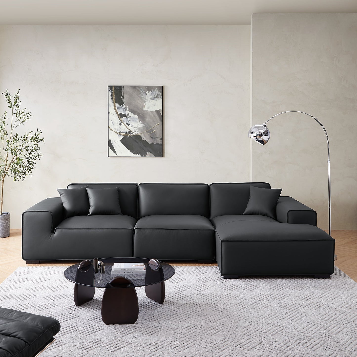 Domus Modular Khaki Leather Sectional Sofa-Black