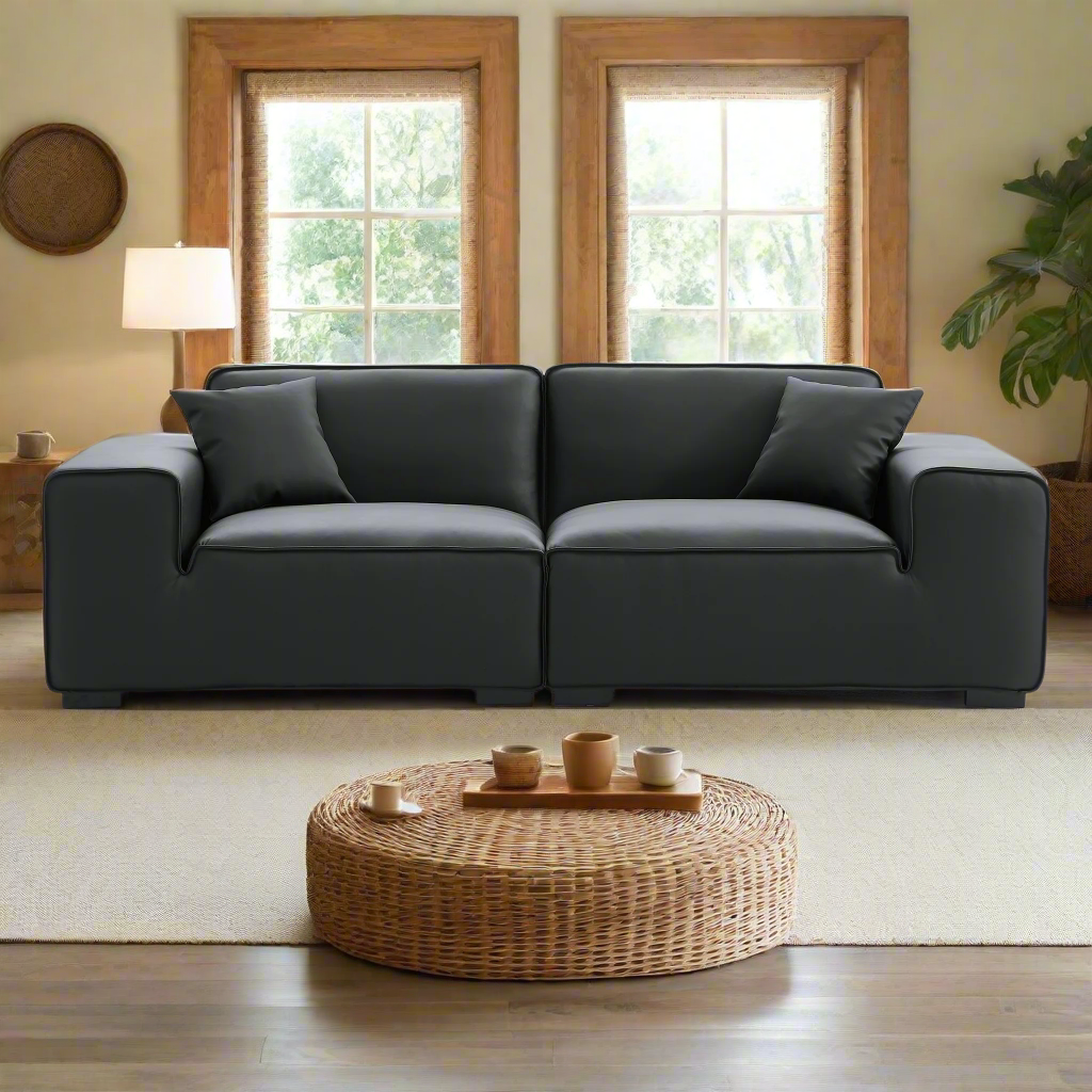 Domus Modular Black Leather Sofa-Black-94.5″