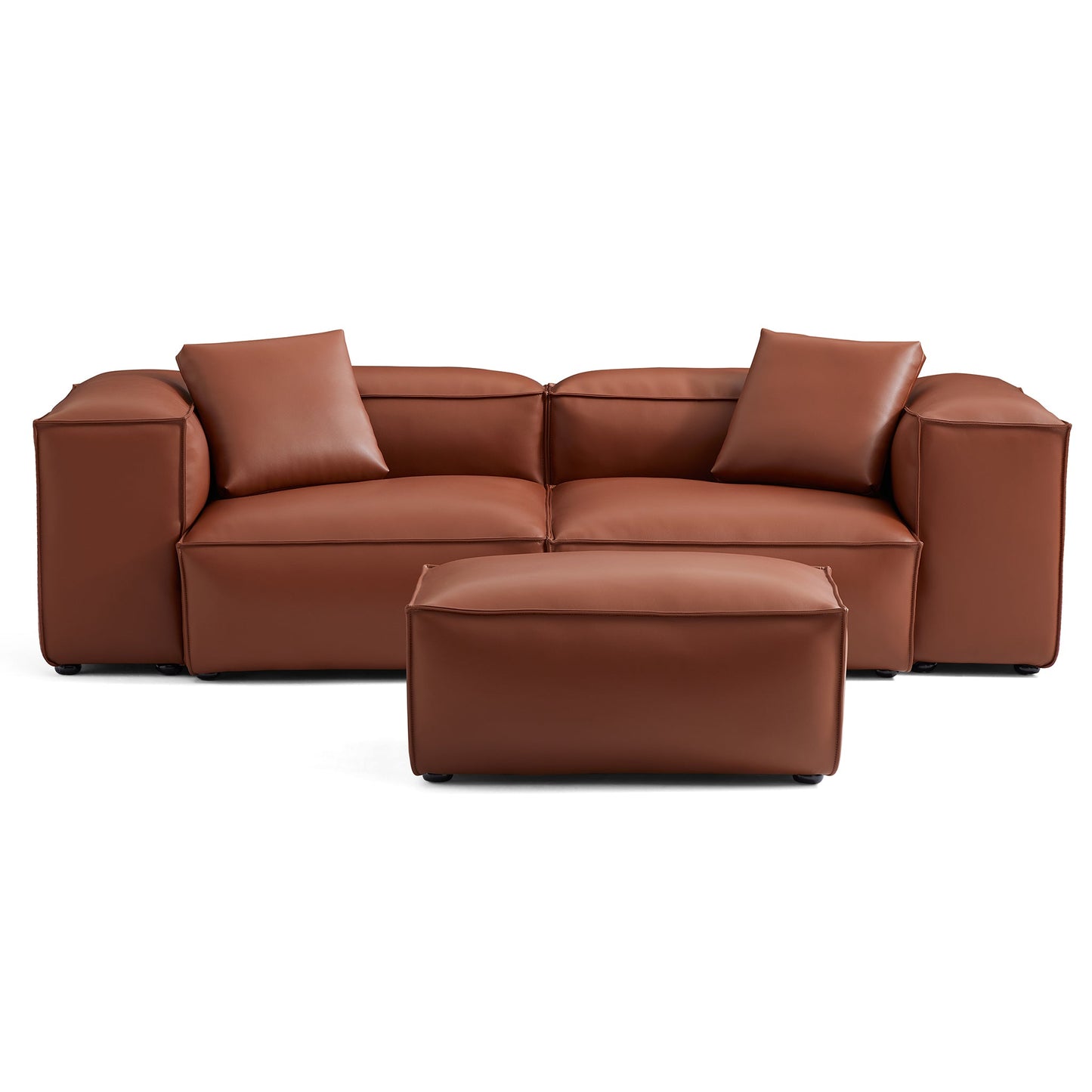 Cube Modular Brown Genuine Leather Sofa with Ottoman-Brown-105.5"-High