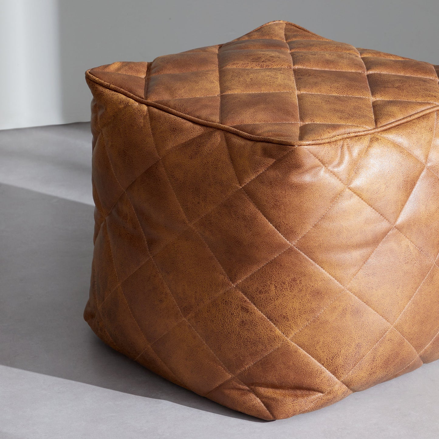 Waffle Tan Leathaire Square Pouf-Tan