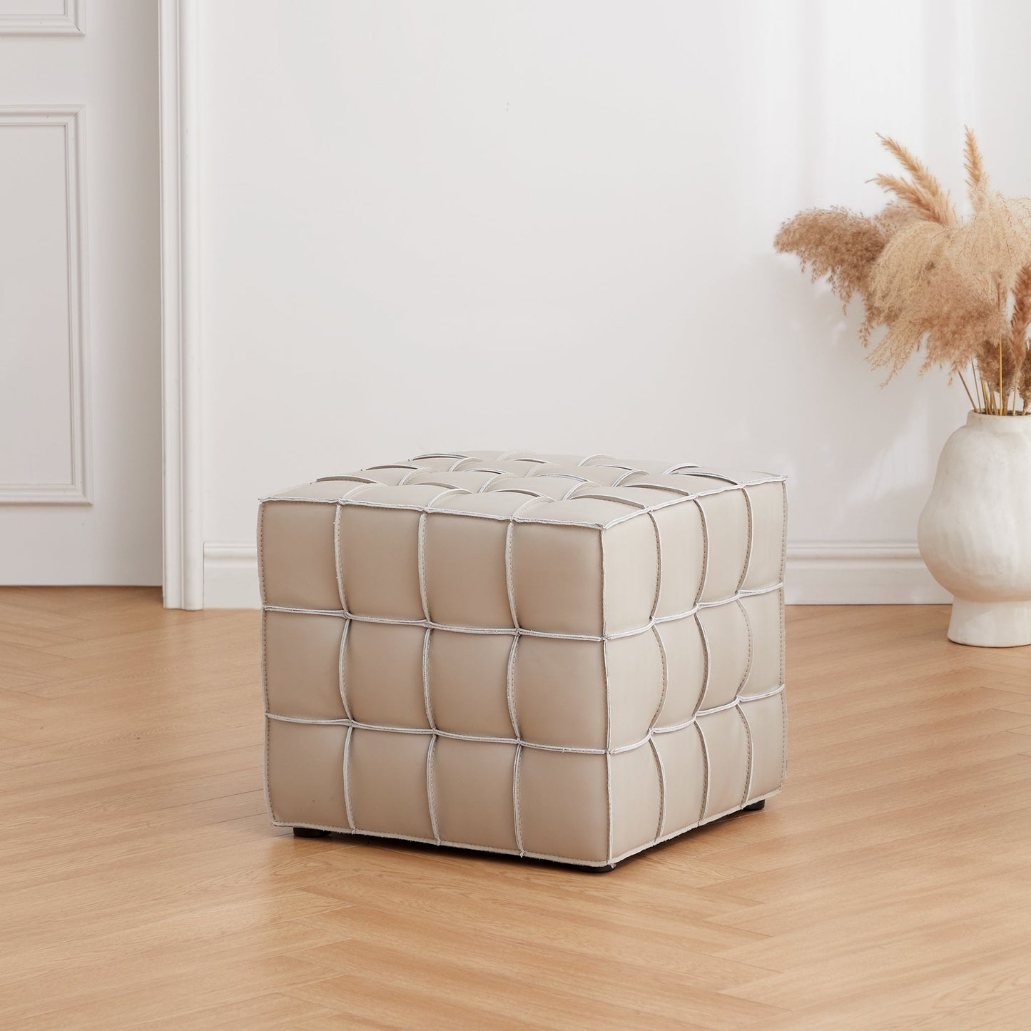Monarch Leather Tufted Cube Pouf-Beige