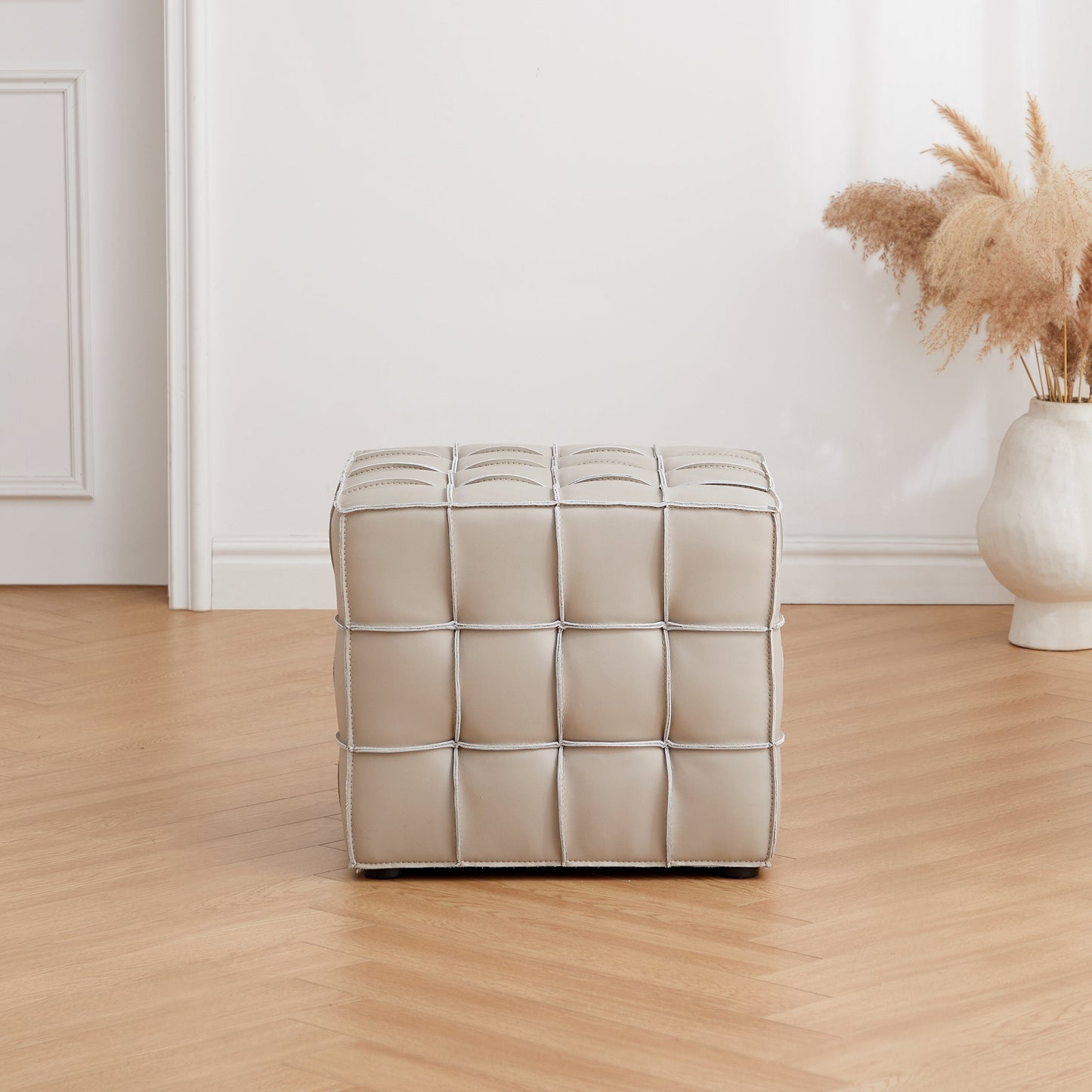 Monarch Leather Tufted Cube Pouf-Beige