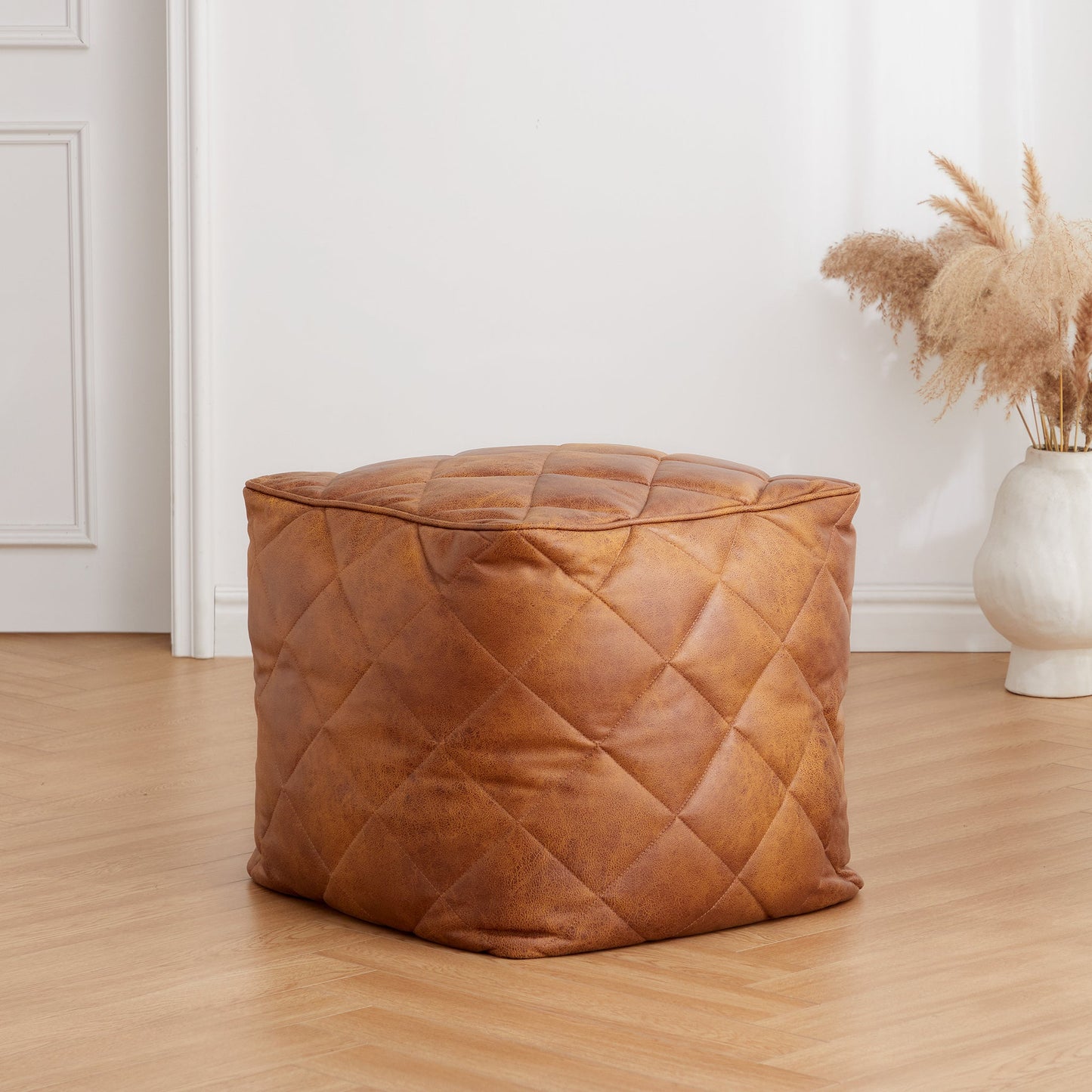 Waffle Tan Leathaire Square Pouf-Tan