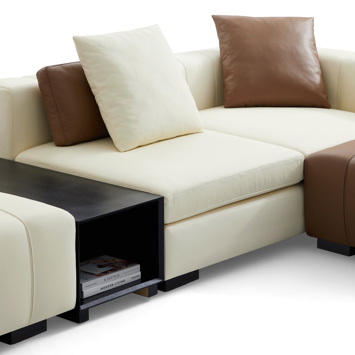 Piano L Shaped Leather Sectional Sofa with Coffee Table-Beige & Brown