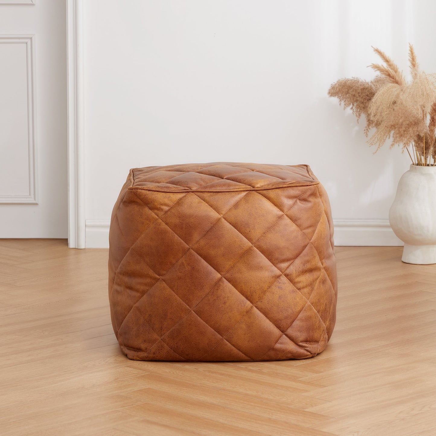 Waffle Tan Leathaire Square Pouf-Tan