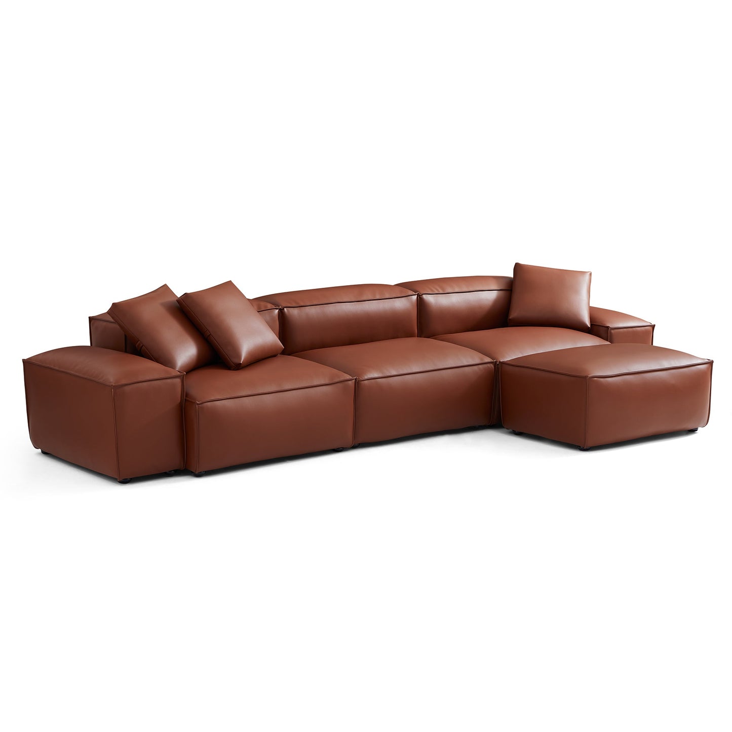 Cube Modular Brown Genuine Leather Sofa with Ottoman-Brown-142.9"-Low