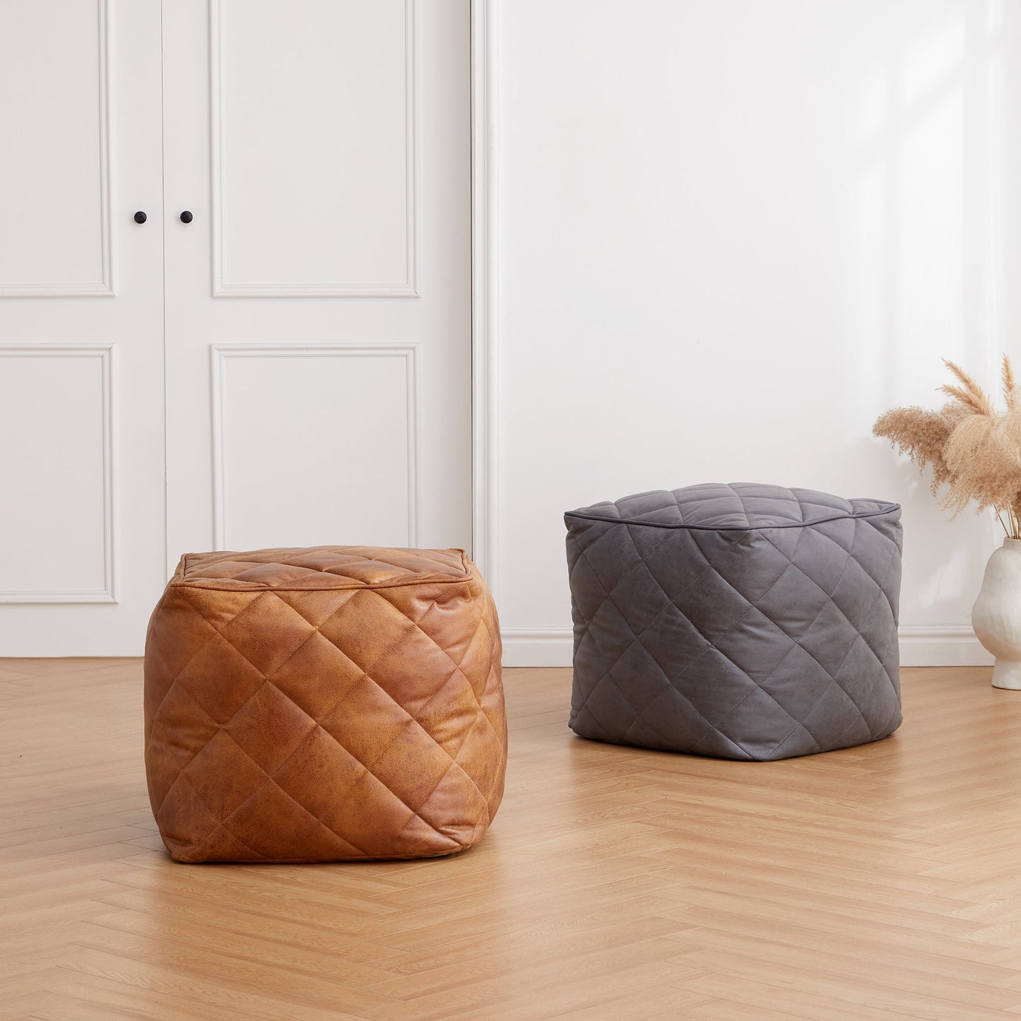 Waffle Tan Leathaire Square Pouf-Tan