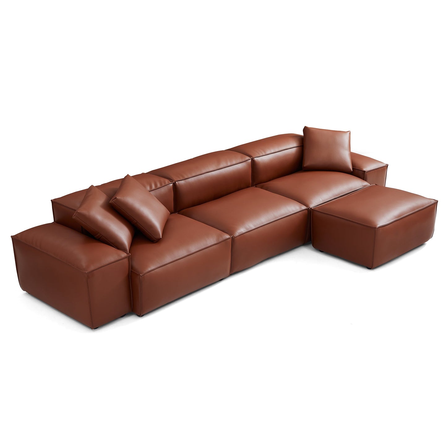 Cube Modular Brown Genuine Leather Sofa with Ottoman-Brown-142.9"-Low