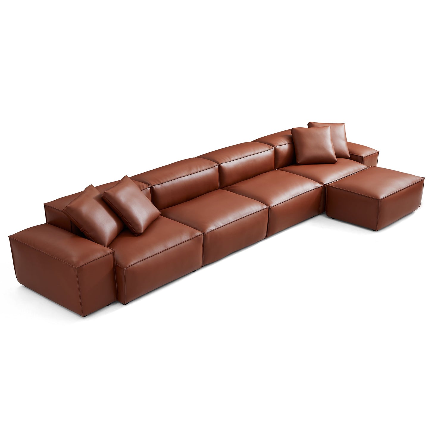 Cube Modular Brown Genuine Leather Sofa with Ottoman-Brown-180.3"-Low