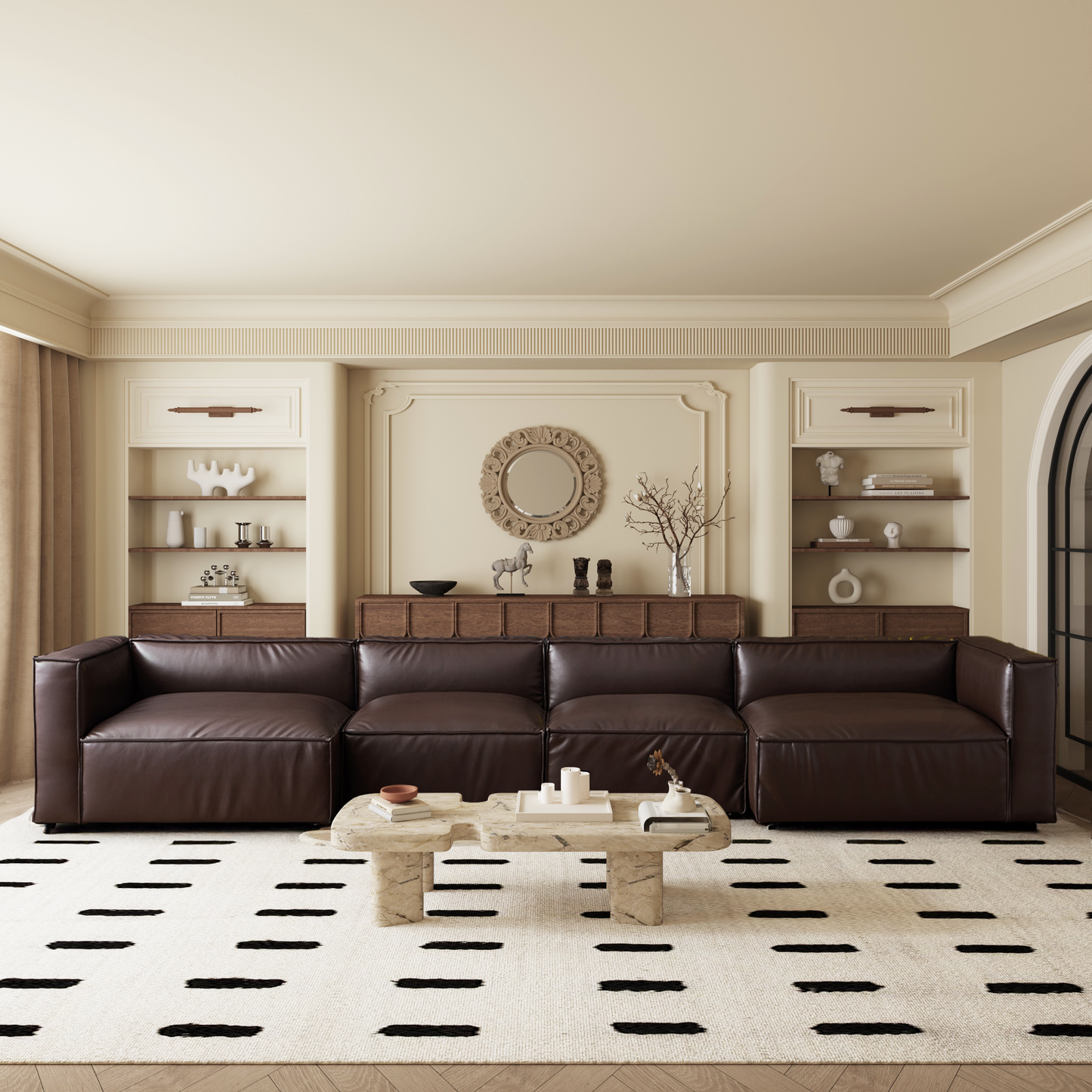 Luxury Minimalist Dark Brown Leather U Shaped Sectional-Dark Brown