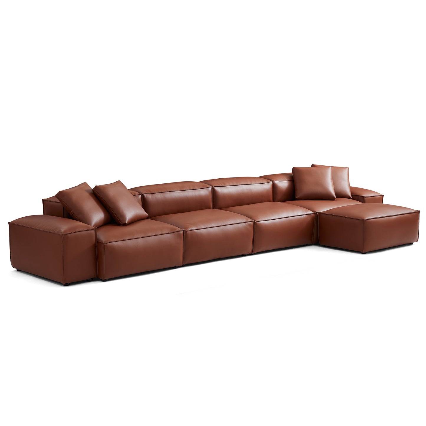Cube Modular Brown Genuine Leather Sofa with Ottoman-Brown-180.3"-Low