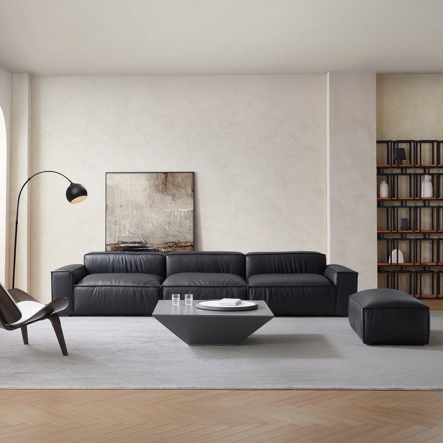 Luxury Minimalist Dark Brown Leather Sofa and Ottoman-Black