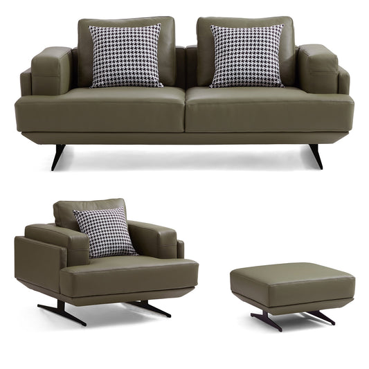 Olivia Top Grain Genuine Leather Sofa Set-Olive