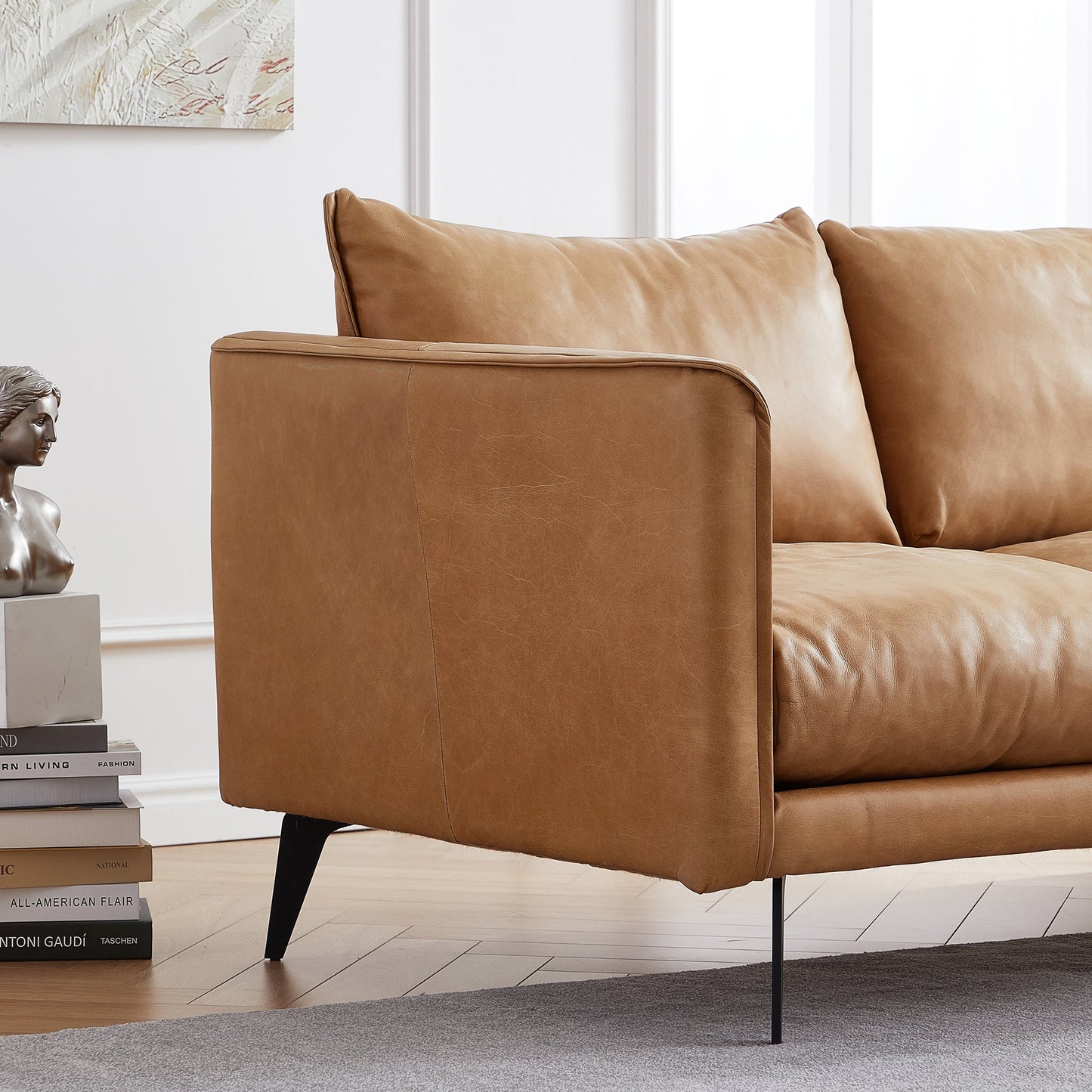 Cognac Tan Genuine Leather Straight Back Sofa-Tan