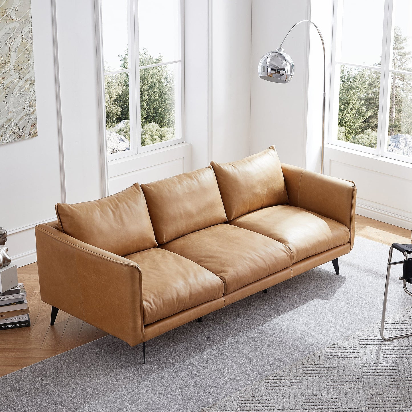 Cognac Tan Genuine Leather Straight Back Sofa-Tan