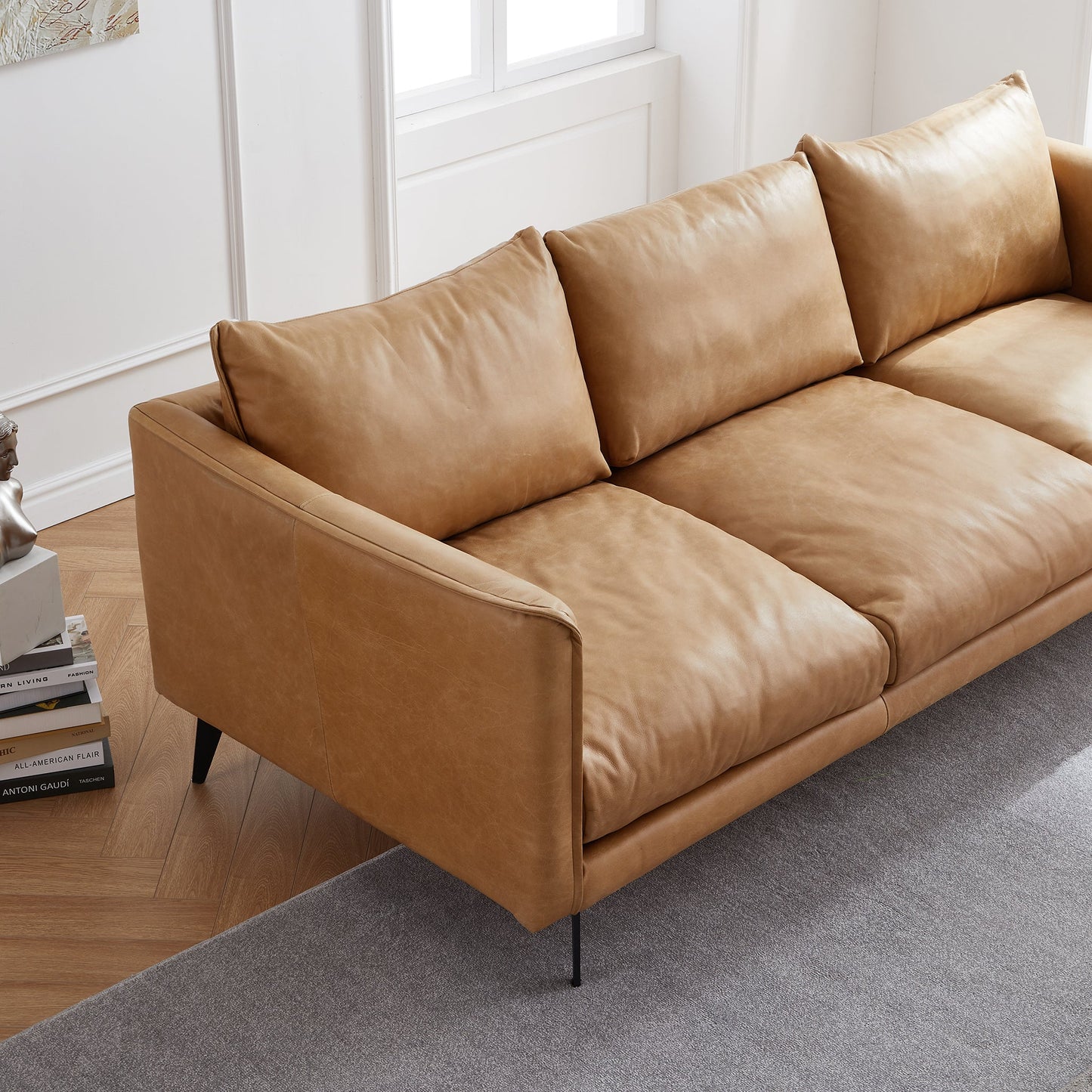 Cognac Tan Genuine Leather Straight Back Sofa-Tan