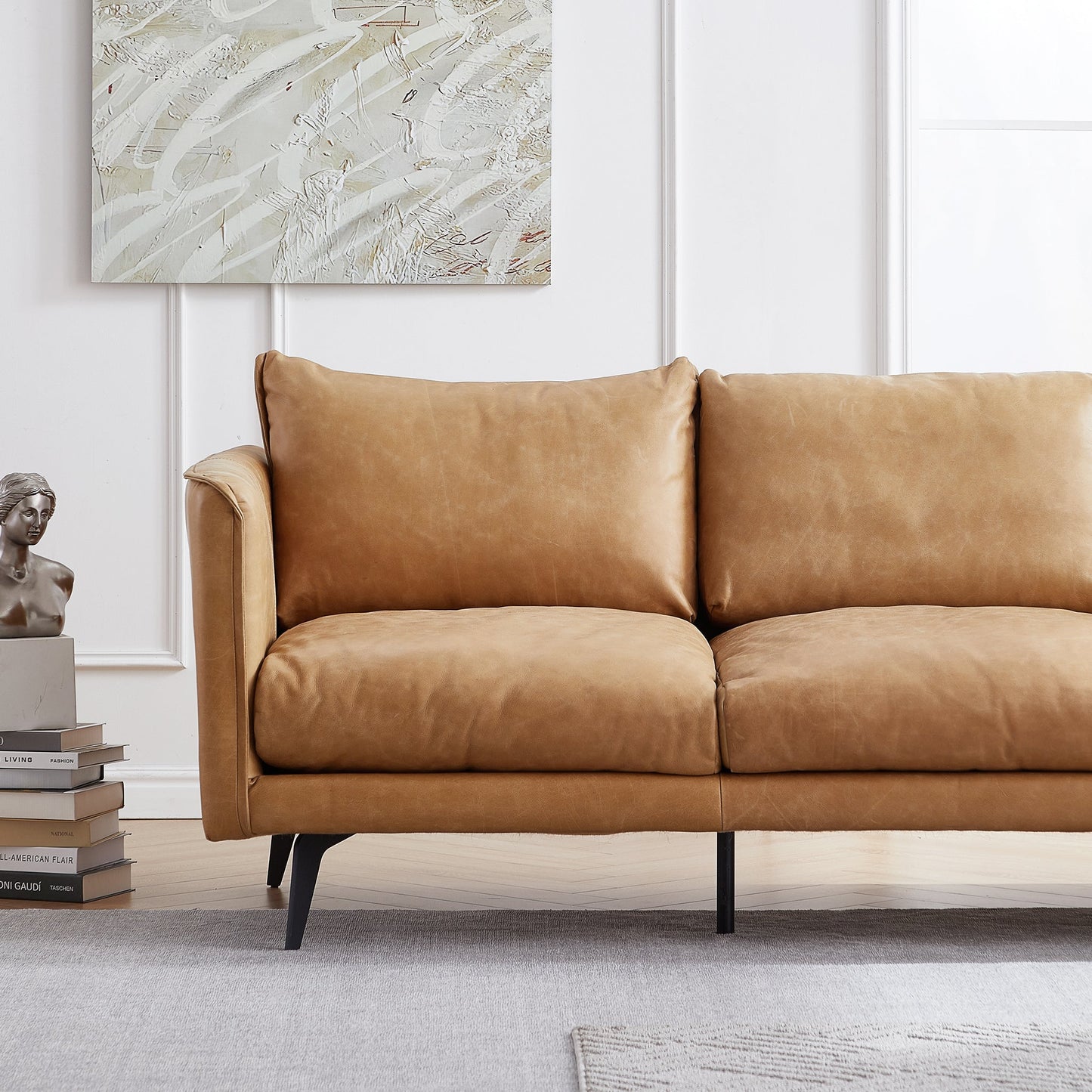 Cognac Tan Genuine Leather Straight Back Sofa-Tan