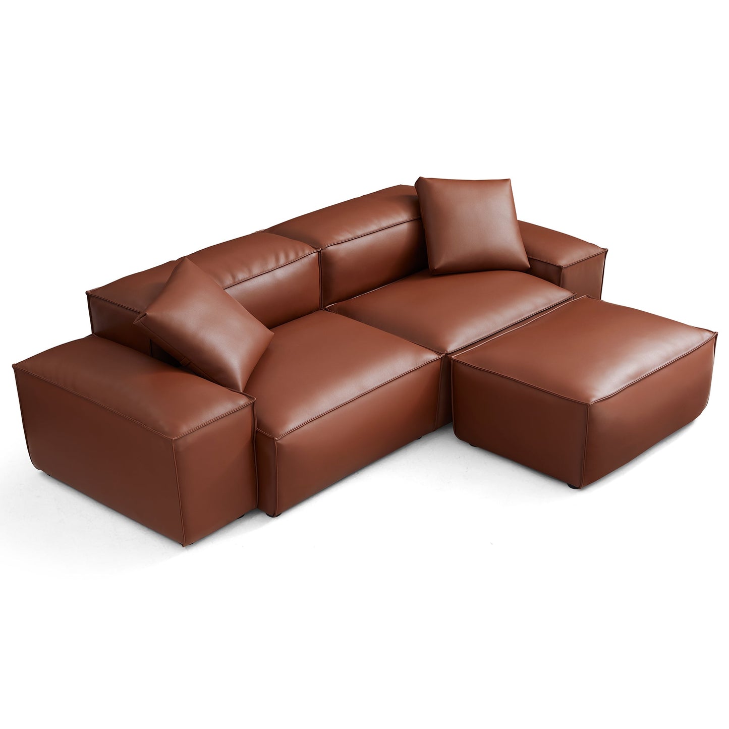 Cube Modular Brown Genuine Leather Sofa with Ottoman-Brown-105.5"-Low