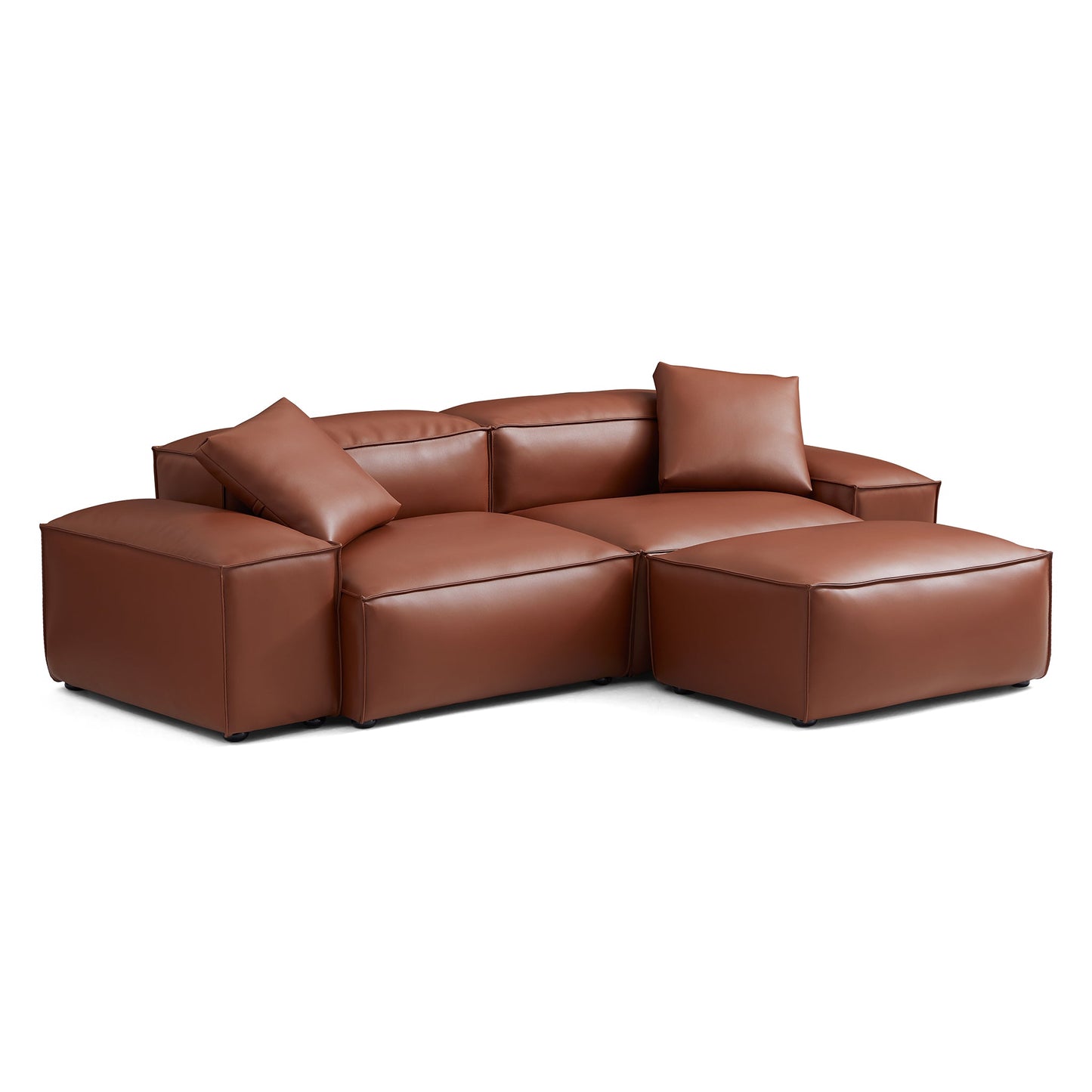 Cube Modular Brown Genuine Leather Sofa with Ottoman-Brown-105.5"-Low