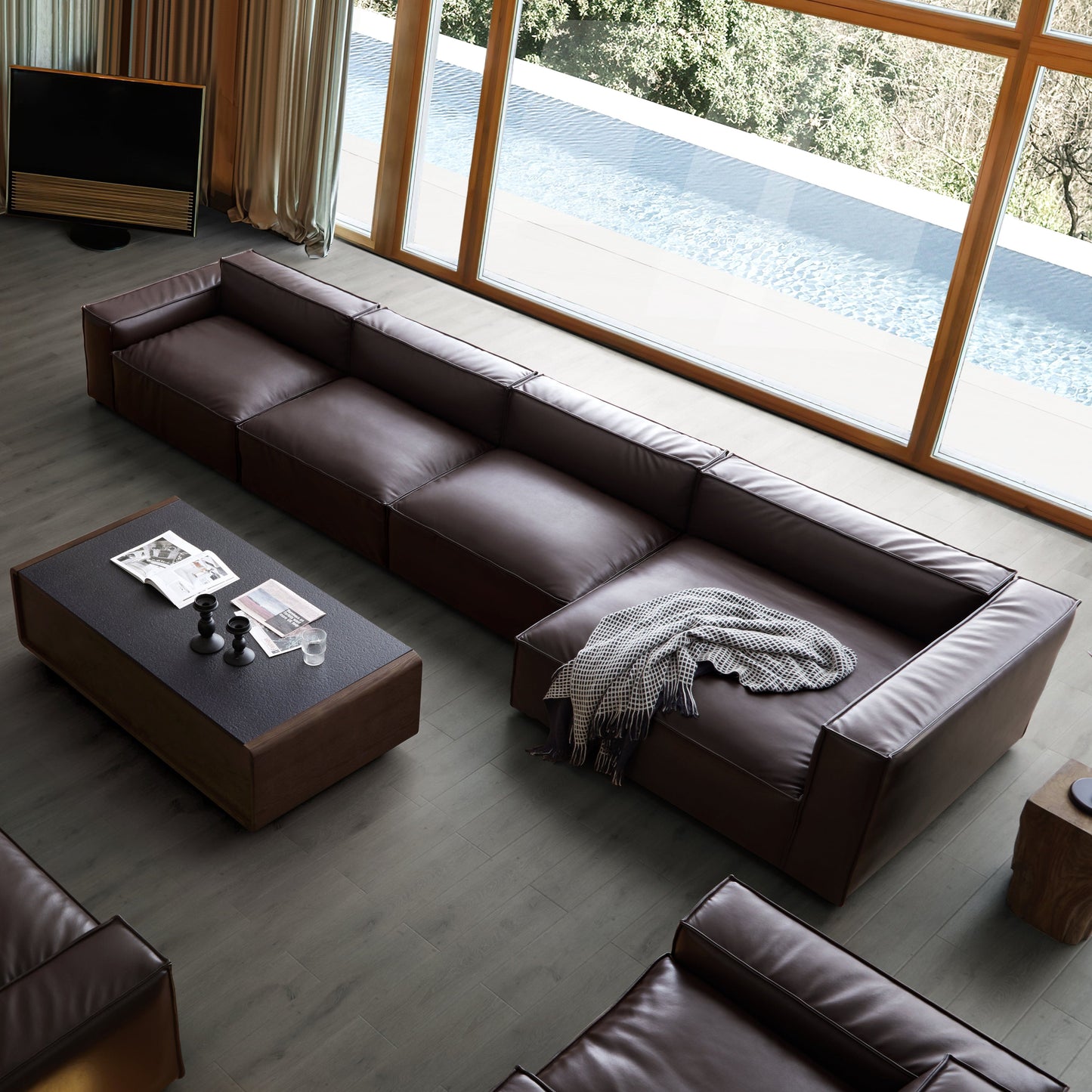 Luxury Minimalist Dark Brown Leather Sectional-Dark Brown