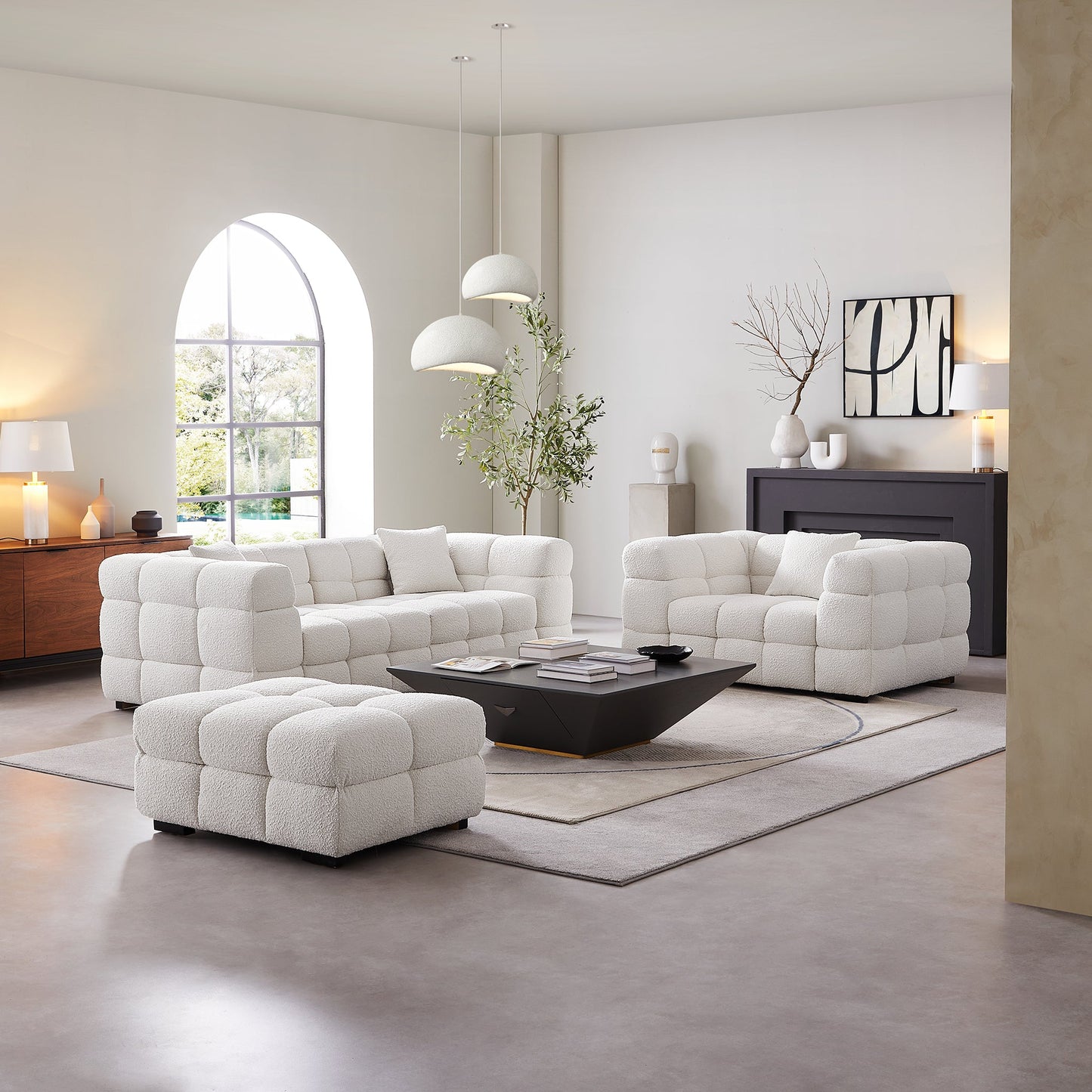 Cushy Cream Boucle Fabric Tufted Sofa Set-White