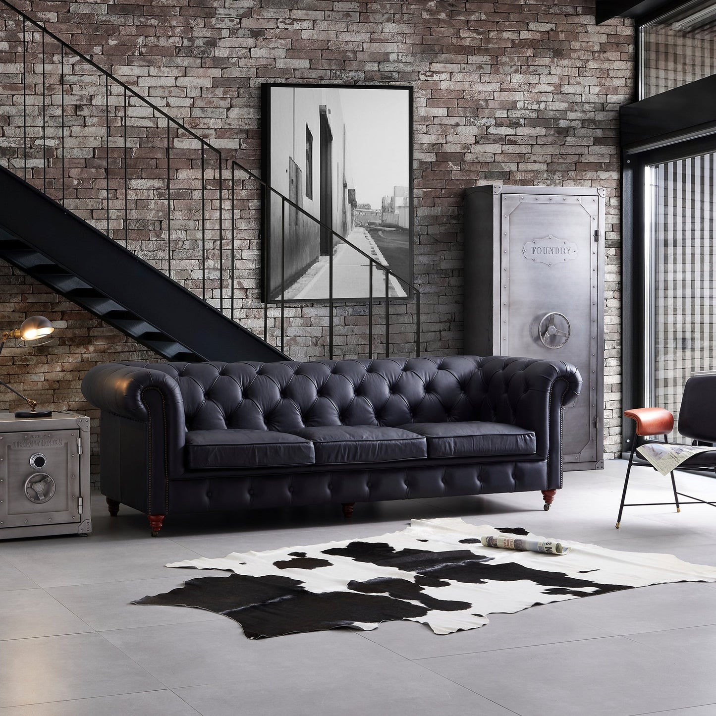 Durango Chesterfield Top Grain Leather Tufted Sofa-Black-99.0"