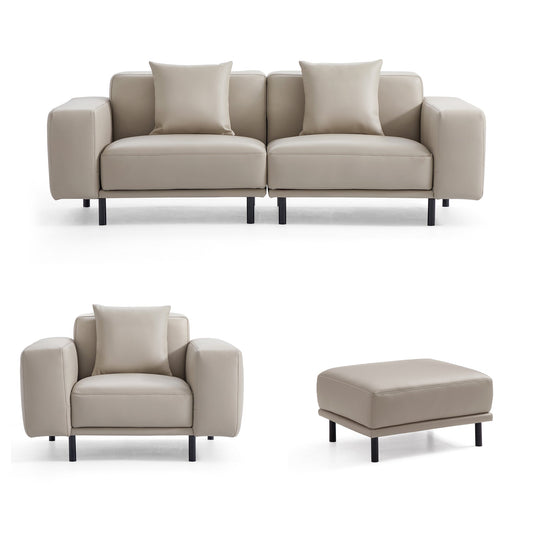 Noble Beige Leather Sofa and Ottoman-Beige
