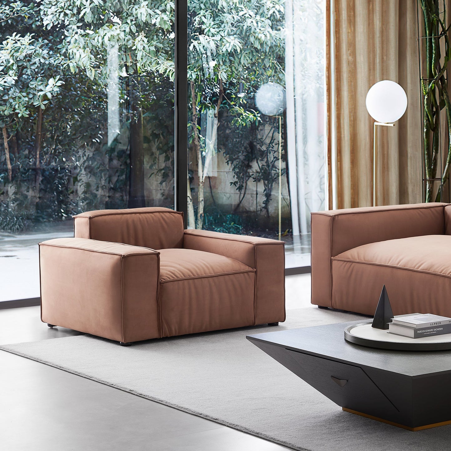 Luxury Minimalist Brown Fabric Armchair-Brown