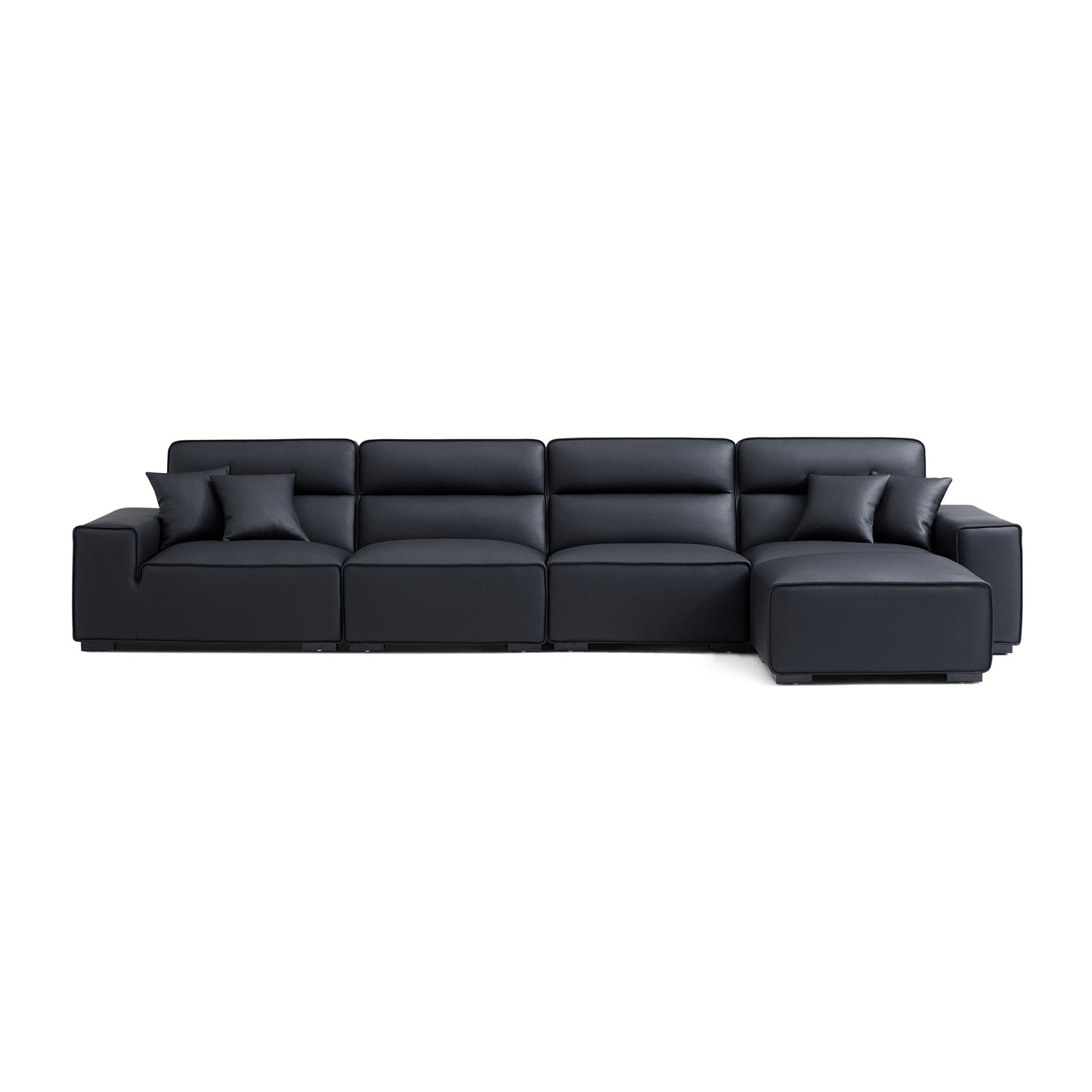 Domus High Back Modular Leather Sofa and Ottoman-Black-165.4"
