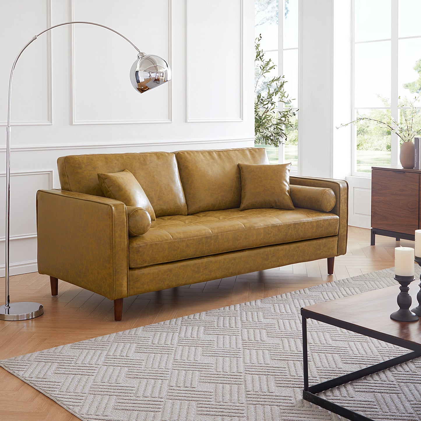 Mid-Century Modern Retro Tan Leather Loveseat-Tan-86.6″