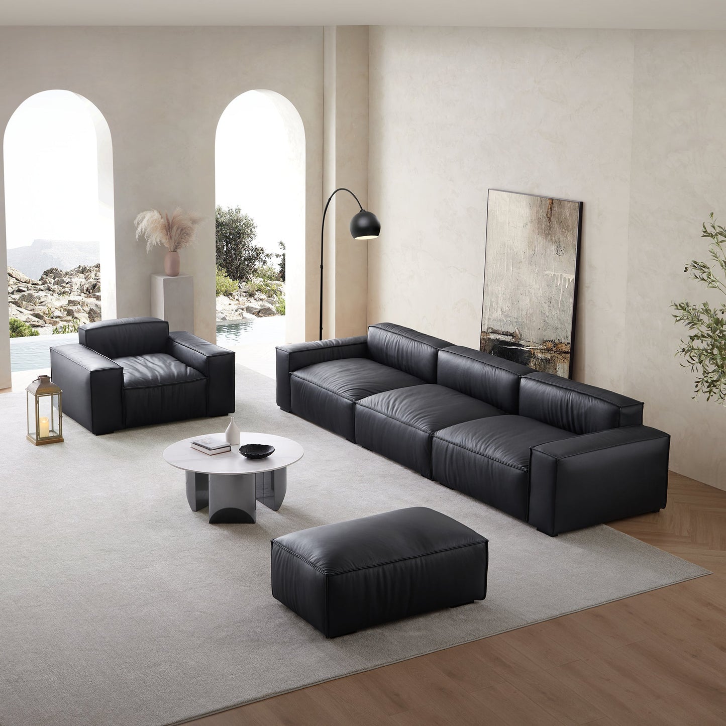 Luxury Minimalist Leather Black Sofa Set-Black