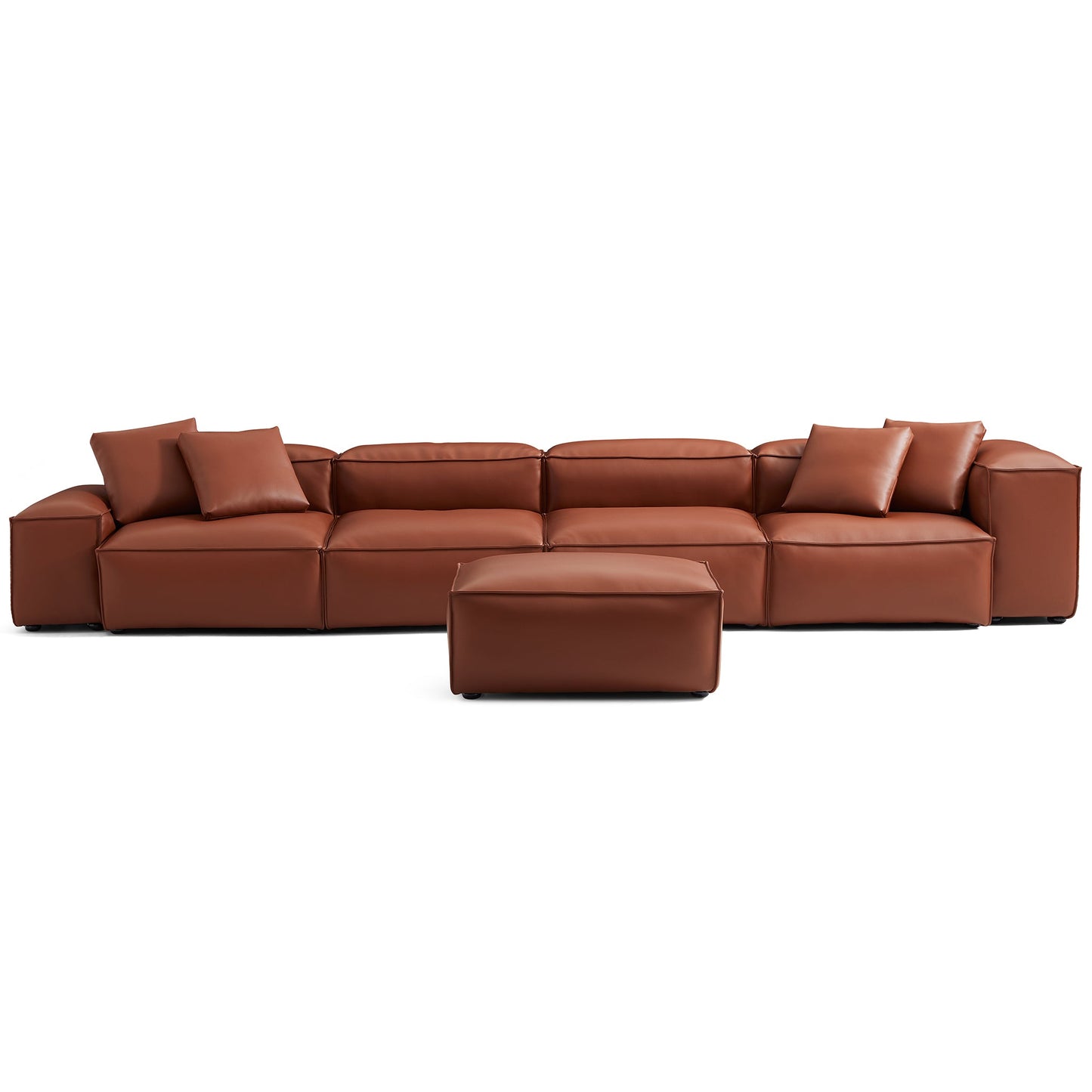 Cube Modular Brown Genuine Leather Sofa with Ottoman-Brown-180.3"-Low & High