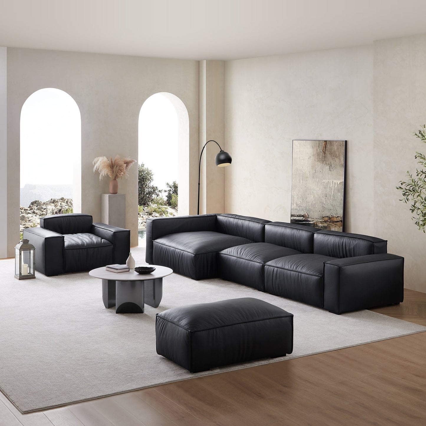 Luxury Minimalist Black Leather Sectional Set-Black