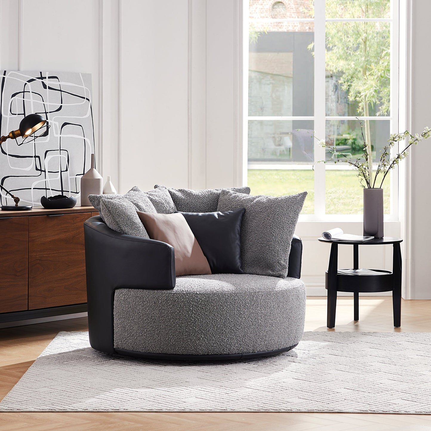 Luna Swivel Light Gray Boucle Fabric Lounge Chair-Gray