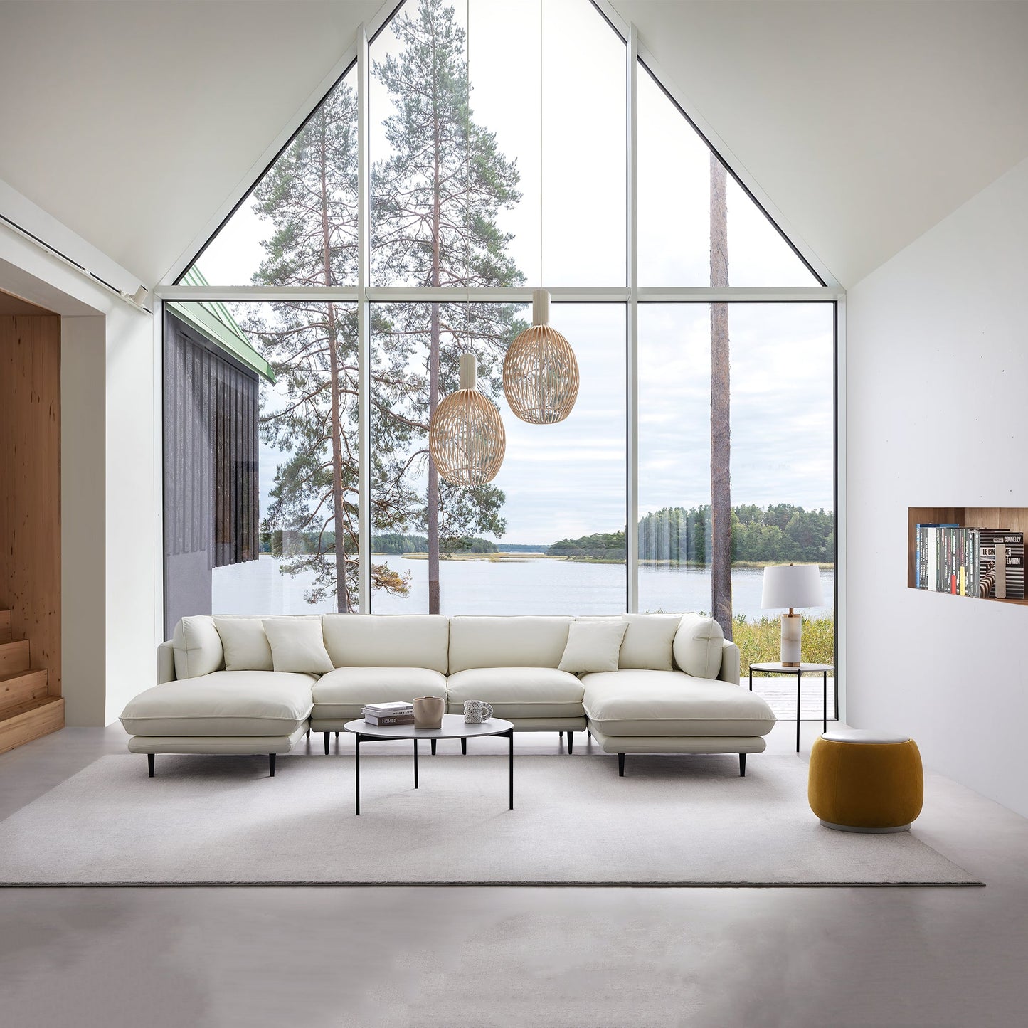 Vanilla White Leather U Shaped Sectional-White