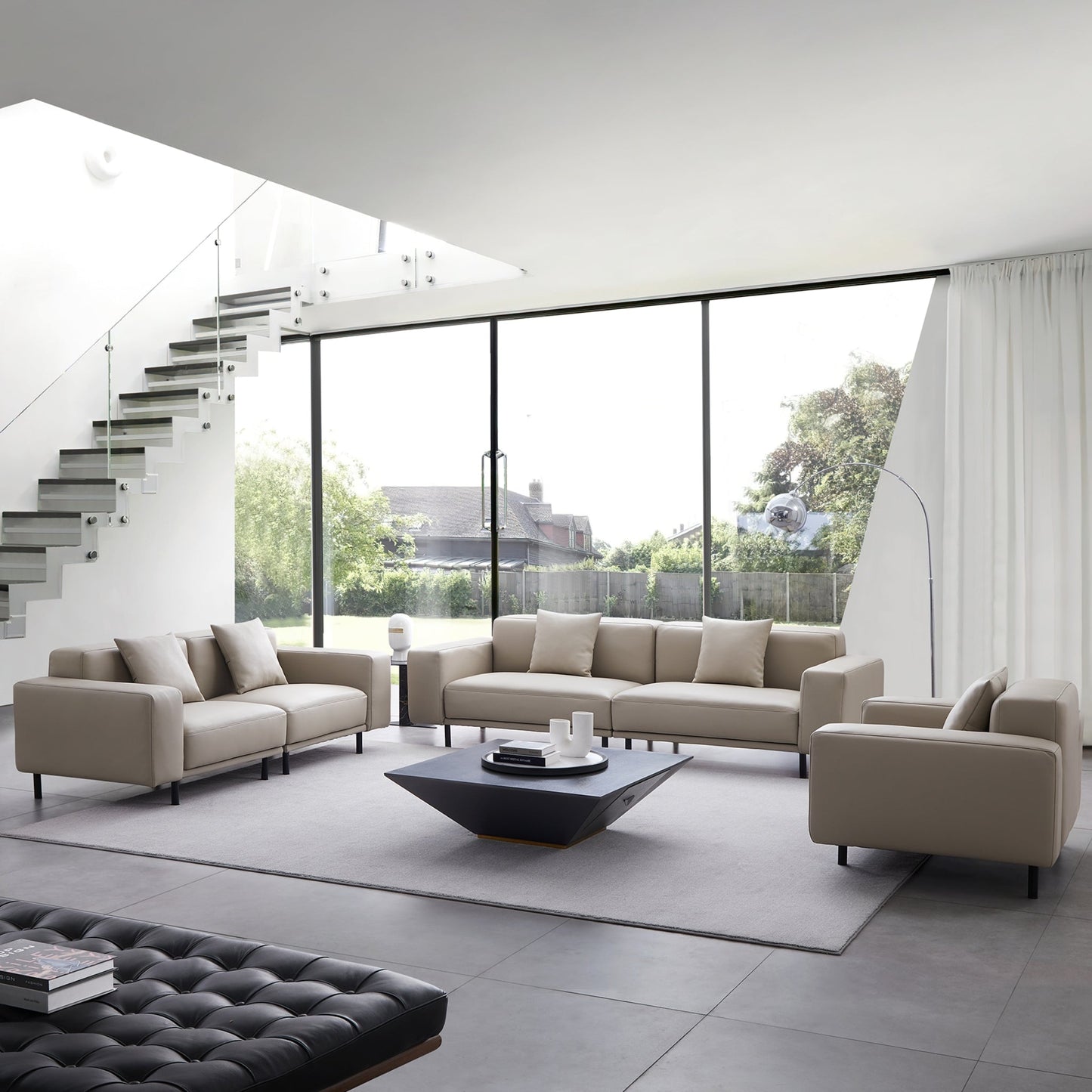 Noble Beige Leather Sofa Set-Beige