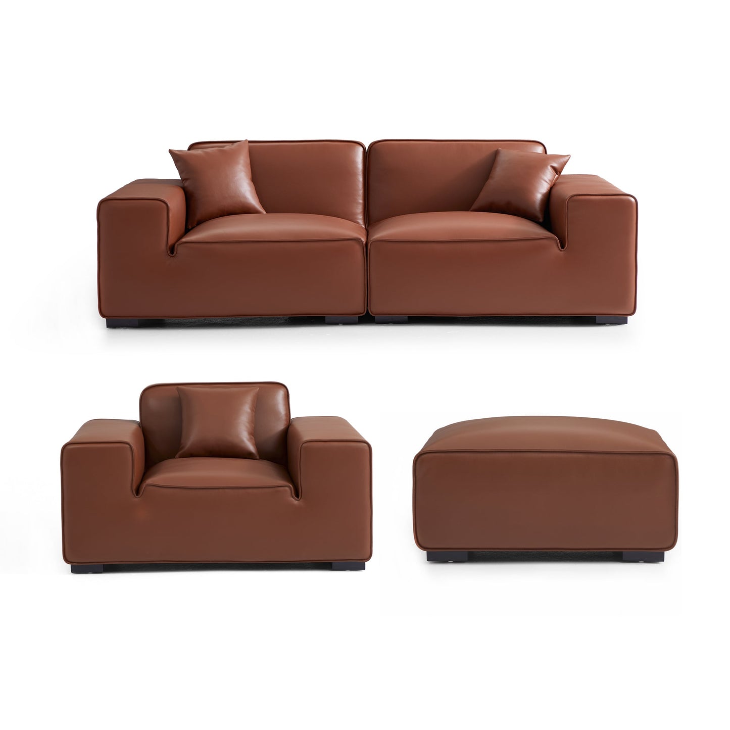 Domus Modular Black Leather Sofa Set-Brown-94.5"