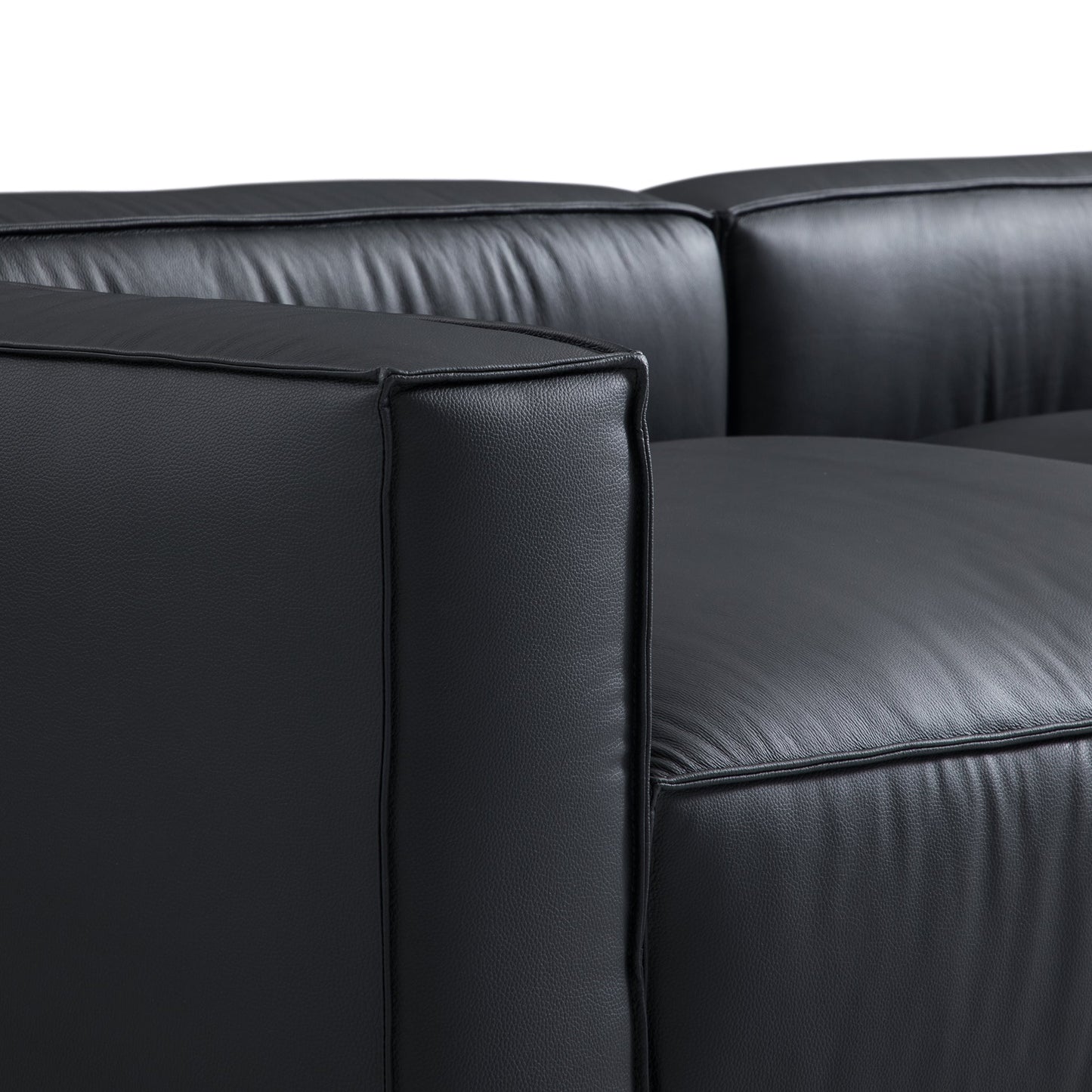 Luxury Minimalist Black Leather Sectional and Ottoman-Black