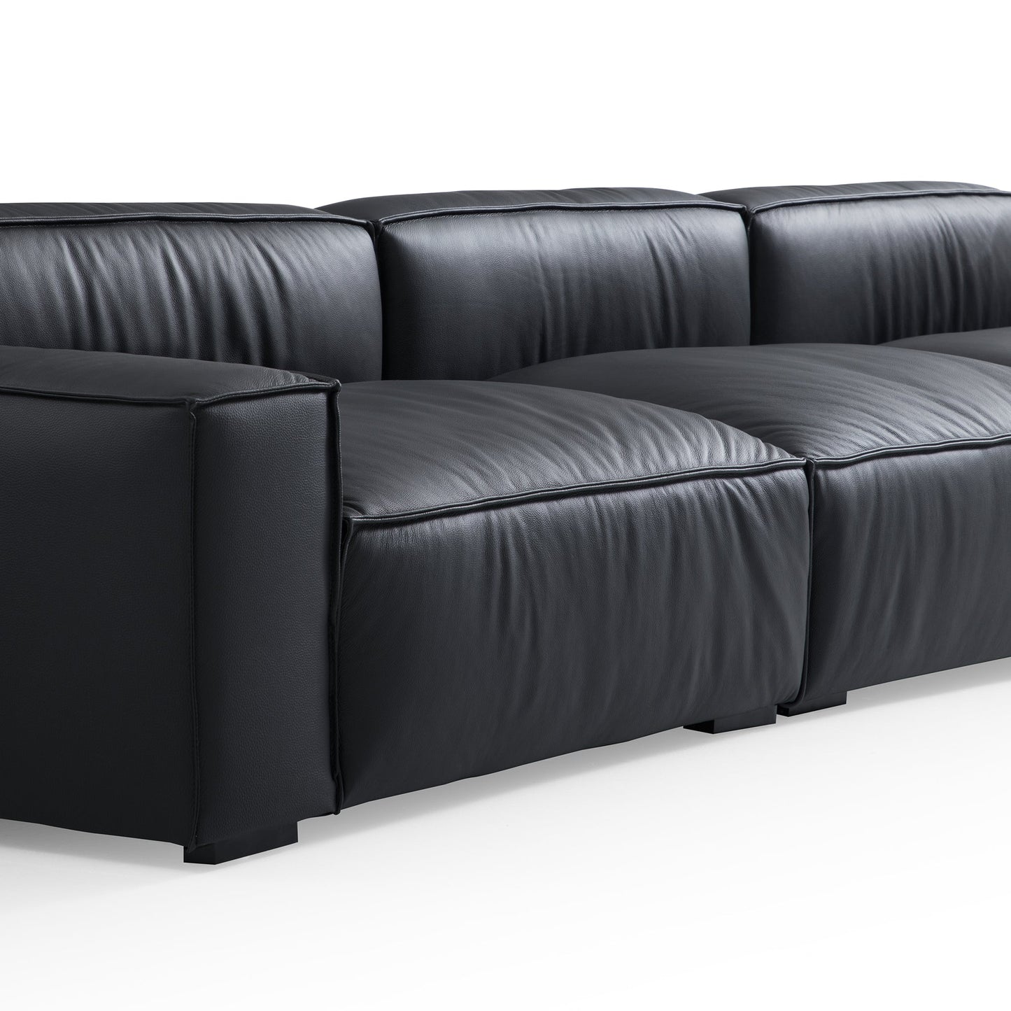 Luxury Minimalist Black Leather Sectional and Ottoman-Black