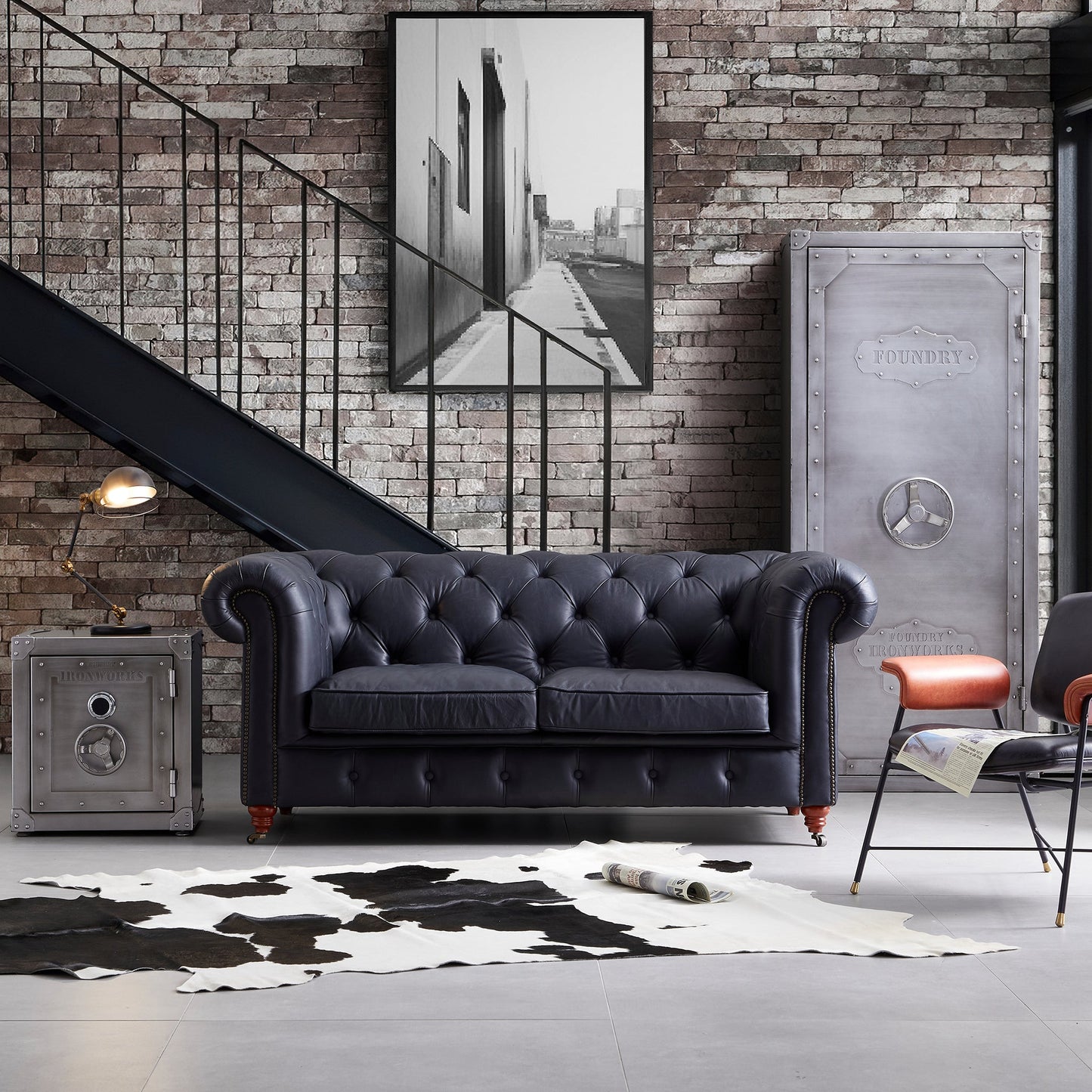 Durango Chesterfield Top Grain Leather Tufted Sofa-Black-72.8"